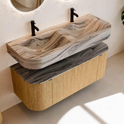 MONDIAZ THOR-DLUX 120cm badmeubel ronding links + rechts kleur Oak met 1 lade en 2 deuren. Vrijhangende wastafel CLOUD Dubbel 2 kraangaten kleur Sombra.