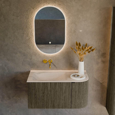 MONDIAZ KURVE-DLUX 85cm badmeubel ronding Rechts kleur Shadow met 1 lade en 1 deur. Wastafel CLOUD Links zonder kraangat Meli.