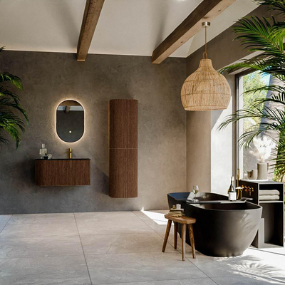 MONDIAZ KURVE Meuble de salle de bains 85 cm avec module 25 L couleur Walnut avec 1 tiroir et 1 porte. Lavabo CLOUD à droite 1 trou de robinet Urban.