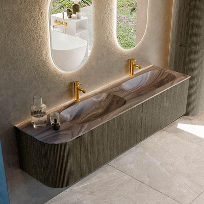 MONDIAZ KURVE-DLUX Meuble de salle de bains 175cm arrondi à gauche couleur Shadow avec 2 tiroirs et 1 porte. Lavabo STOR SMALL Double / Droite 2 trous de robinet Sombra.
