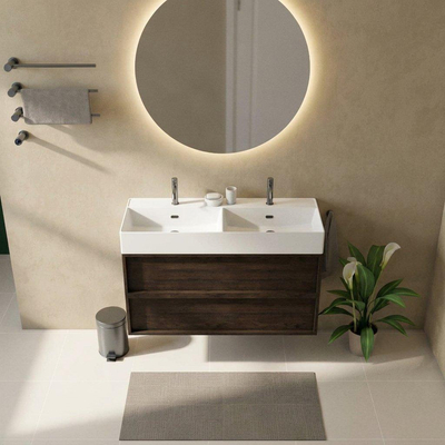 Saniclass Holz Frame Ensemble meuble de salle de bains - 120x45x72cm - Legend lavabo en céramique blanc - 2 vasques - 2 trous de robinetterie - 2 tiroirs - chêne charcoal mat (bois)