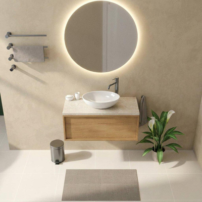 Saniclass Holz Frame Ensemble de meubles de salle de bains - 100x45x43cm - Plan en pierre naturelle travertin - 1 trou de robinet - 1 tiroir - chêne naturel mat (bois)