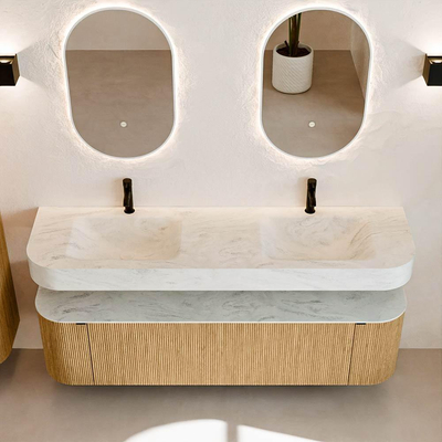 MONDIAZ THOR-DLUX 170cm badmeubel ronding links + rechts kleur Oak met 1 lade en 2 deuren. Vrijhangende wastafel CLOUD Dubbel 2 kraangaten kleur Opalo.