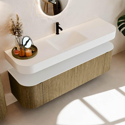 MONDIAZ THOR 160cm meuble de salle de bains arrondi gauche + droite couleur Dusk avec 1 tiroir et 2 portes. Vasque suspendue CLOUD Milieu 1 trou de robinet couleur Talc.