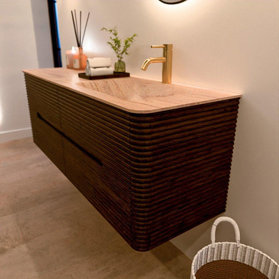 Mondiaz CIRO-DLUX Badkamermeubelset - 140x45x50cm - Solid surface wastafel Saba - 1 wasbak Rechts - 1 kraangat - 4 lades - Walnut