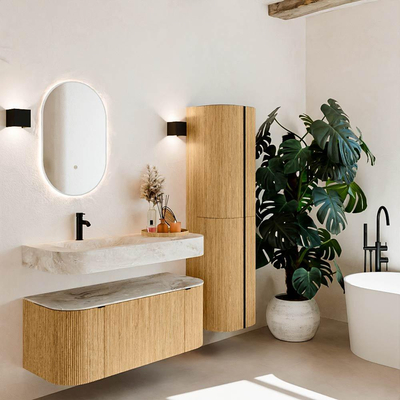 MONDIAZ THOR-DLUX 110cm badmeubel ronding links + rechts kleur Oak met 1 lade en 2 deuren. Vrijhangende wastafel CLOUD Links 1 kraangat kleur Frappe.