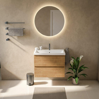 Saniclass Holz Pure Ensemble meuble de salle de bains - 80x45x63.5cm - Bari lavabo en céramique blanc - 1 vasque - 1 trou de robinet - 2 tiroirs - chêne natural mat (bois)