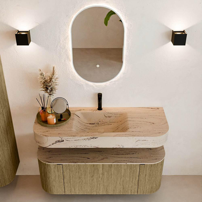 MONDIAZ THOR-DLUX 120cm meuble de salle de bains arrondi gauche + droite couleur Dusk avec 1 tiroir et 2 portes. Vasque suspendue CLOUD Milieu 1 trou de robinet couleur Arena.