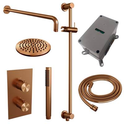 Brauer Copper Carving Regendoucheset inbouw - hoofddouche 20cm - Carving knop - handdouche staaf 1 stand - glijstang - PVD - geborsteld koper