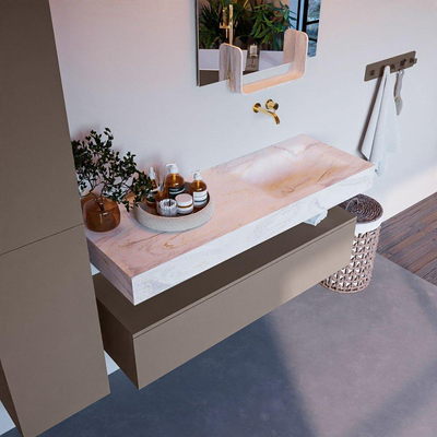 Mondiaz ALAN-DLUX Ensemble de meuble - 130cm - meuble Smoke mat - 1 tiroir - Lavabo Cloud Ostra suspendu - vasque droite - 0 trous de robinet