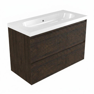 Saniclass Holz Atelier Ensemble de meubles de salle de bains - 100x45x63.5cm - lavabo Palermo en céramique blanc - 1 vasque - sans trou de robinet - 2 tiroirs - chêne charcoal mat (bois)