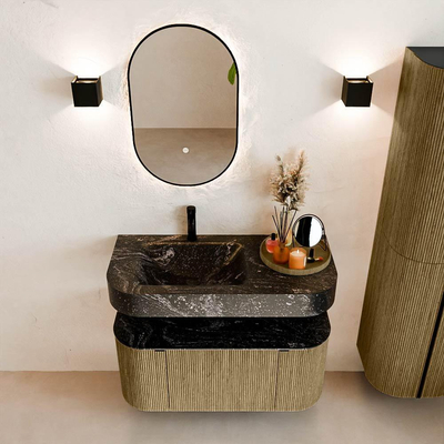 MONDIAZ THOR-DLUX 100cm meuble de salle de bains arrondi gauche + droite couleur Dusk avec 1 tiroir et 2 portes. Vasque suspendue CLOUD Gauche 1 trou de robinet couleur Lava.