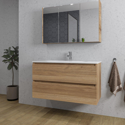 Saniclass Chaci Ensemble meuble de salle de bains - 100x46x55cm - lavabo en céramique blanc - 1 vasque ovale - 1 trou de robinet - 2 tiroirs - armoire de toilette - chêne