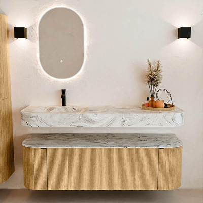 MONDIAZ THOR-DLUX 150cm badmeubel ronding links + rechts kleur Oak met 1 lade en 2 deuren. Vrijhangende wastafel CLOUD Links 1 kraangat kleur Glace.