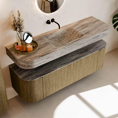 MONDIAZ THOR-DLUX 150cm meuble de salle de bains arrondi gauche + droite couleur Dusk avec 1 tiroir et 2 portes. Vasque suspendue CLOUD Milieu sans trou de robinet couleur Oza.