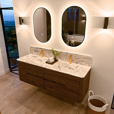 Mondiaz CIRO-DLUX Badkamermeubelset - 150x45x50cm - Solid surface wastafel Glace - 2 wasbak Dubbel - 2 kraangaten - 4 lades - Dusk