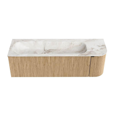 MONDIAZ KURVE-DLUX meuble de salle de bains 145 cm avec module 25 R couleur Oak avec 1 tiroir et 1 porte. Lavabo BIG LARGE gauche 2 trous de robinet couleur Frappe.