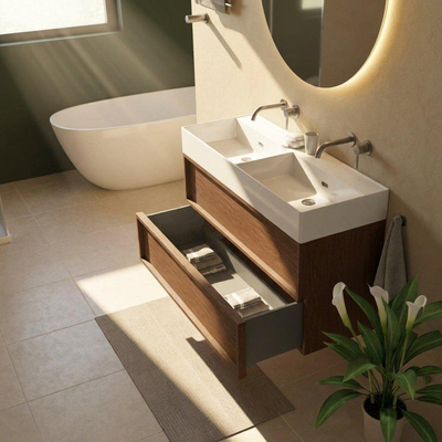 Saniclass Holz Frame Ensemble de meubles de salle de bains - 120x45x72cm - Legend lavabo en céramique blanc mat - 2 vasques - 2 trous de robinet - 2 tiroirs - noyer pure mat (bois)
