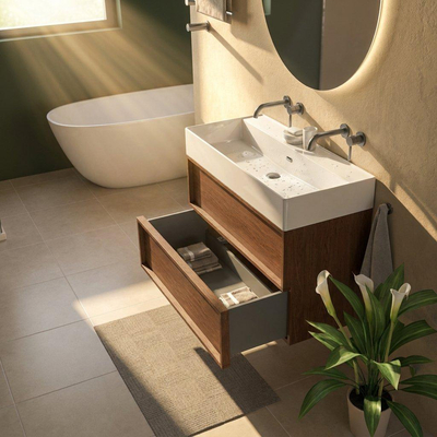 Saniclass Holz Frame Ensemble meuble de salle de bains - 100x45x72cm - Legend lavabo en céramique blanc mat - 1 vasque - 2 trous de robinetterie - 2 tiroirs - walnut pure mat (bois)