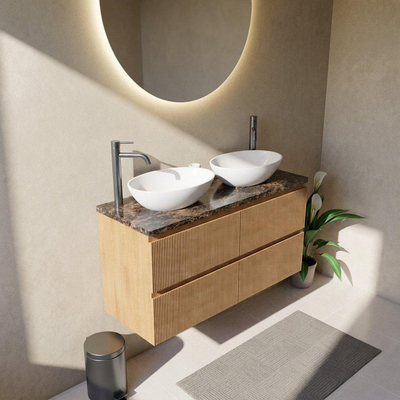 Saniclass Holz Atelier Ensemble de meuble de salle de bains - 120x45x63cm - Plan de toilette en pierre naturelle Noche dark emperador - 2 trous de robinetterie - 2 tiroirs - chêne natural mat (bois)
