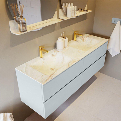 Mondiaz VICA-DLUX Ensemble de meuble de salle de bain - 150cm - meuble sous-vasque argile - 4 tiroirs - lavabo encastré nuage double - 2 trous de robinet - version haute de 60cm - frape