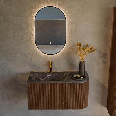 MONDIAZ KURVE-DLUX 85cm badmeubel met module 25 R kleur Walnut met 1 lade en 1 deur. Wastafel CLOUD links 1 kraangat kleur Lava.