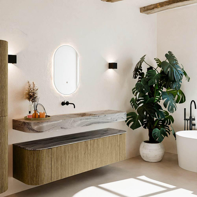 MONDIAZ THOR-DLUX Meuble de salle de bains 170cm arrondi gauche + droite couleur Dusk avec 1 tiroir et 2 portes. Vasque suspendue CLOUD Milieu sans trou de robinet couleur Sombra.