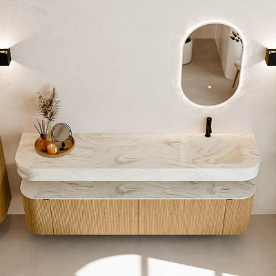 MONDIAZ THOR-DLUX Meuble de salle de bains - 190cm - arrondi gauche + droite - couleur Oak - 2 tiroirs et 2 portes - Vasque suspendue CLOUD droite 1 trou de robinet couleur Ostra