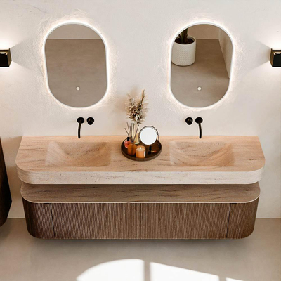 MONDIAZ THOR-DLUX Meuble de salle de bains - 190cm - arrondi gauche + droite - couleur Walnut - 2 tiroirs et 2 portes - Vasque suspendue CLOUD Double sans trou de robinet - couleur Saba