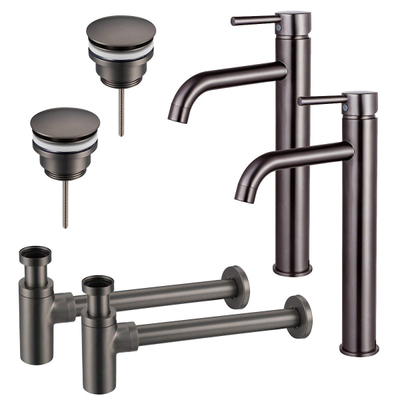FortiFura Calvi Kit robinet lavabo - pour double vasque - robinet rehaussé - bonde clic clac - siphon design - Gunmetal PVD