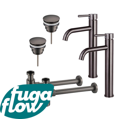 FugaFlow Eccelente Sobrado Kit robinet lavabo - pour double vasque - robinet rehaussé - bonde clic clac - siphon design - Gunmetal PVD