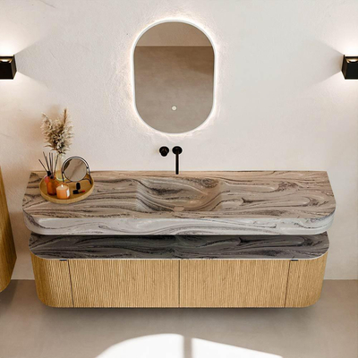 MONDIAZ THOR-DLUX 180cm badmeubel ronding links + rechts kleur Oak met 2 lades en 2 deuren. Vrijhangende wastafel CLOUD Midden zonder kraangat kleur Sombra.
