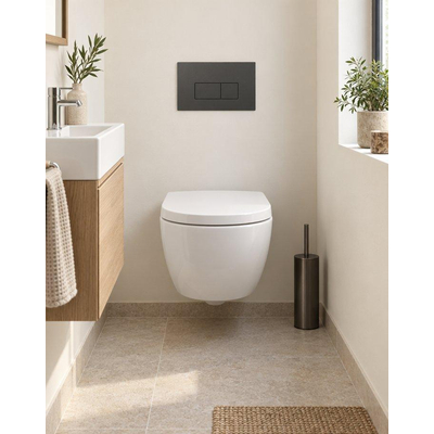 QeramiQ Dely Swirl Compact Toiletset - inbouwreservoir Geberit UP320 - met Burda frame - 25mm zitting - kunststof bedieningsplaat mat antraciet - rechthoekige knoppen - mat wit
