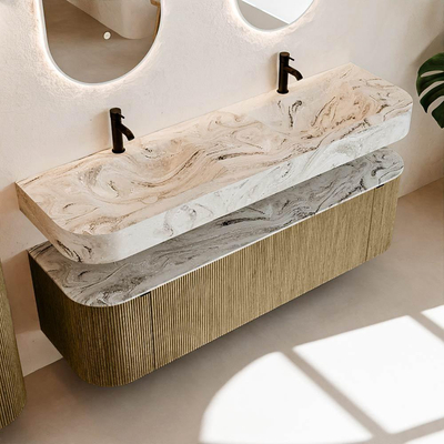 MONDIAZ THOR-DLUX Meuble de salle de bains 160cm arrondi gauche + droite couleur Dusk avec 1 tiroir et 2 portes. Vasque suspendue CLOUD Double 2 trous de robinet couleur Glace.