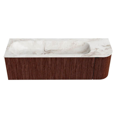 Mondiaz KURVE-DLUX Ensemble de meuble de salle de bains - 145x46x40cm - 1 tiroir - 1 porte - lavabo solid surface - gauche - sans trou de robinet - Ruby