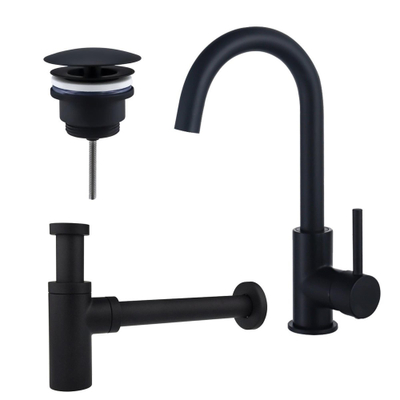 Fortifura Calvi Kit robinet lavabo - robinet haut - bec rotatif - bonde non-obturable - siphon design - Noir mat