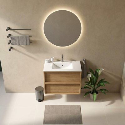 Saniclass Holz Frame Ensemble meuble de salle de bains - 80x45x62cm - Lavabo Vygo en céramique blanc - 1 vasque - 1 trou de robinetterie - 2 tiroirs - chêne natural mat (bois)