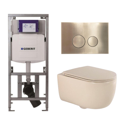 QeramiQ Dely Swirl Toiletset - 36.3x51.7cm - Geberit UP320 inbouwreservoir - met Burda frame -slim zitting - geborsteld messing bedieningsplaat - ronde knoppen - beige