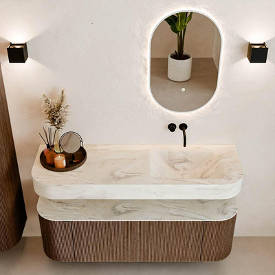 MONDIAZ THOR-DLUX 140cm meuble de salle de bains arrondi gauche + droite couleur Walnut avec 1 tiroir et 2 portes. Vasque suspendue CLOUD droite sans trou de robinet couleur Ostra.