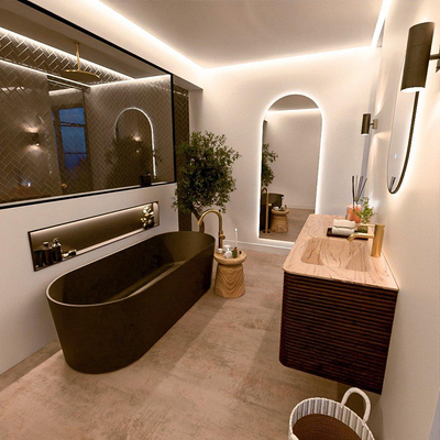 Mondiaz CIRO-DLUX Meuble de salle de bains - 140x45x50cm - Plan vasque solid surface Arena - 1 lavabo à droite - 1 trou de robinetterie - 4 tiroirs - Noyer