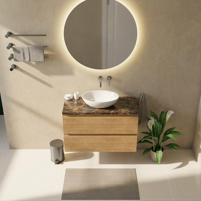 Saniclass Holz Pure Ensemble de meubles de salle de bains - 100x45x63cm - Plan en pierre naturelle Noche dark emperador - sans trou de robinet - 2 tiroirs - chêne natural mat (bois)