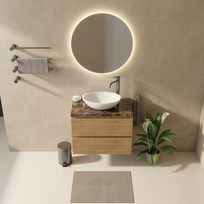 Saniclass Holz Pure Ensemble de meubles de salle de bains - 80x45x63cm - Plan de travail en pierre naturelle Noche dark emperador - 1 trou de robinetterie - 2 tiroirs - chêne natural mat (bois)