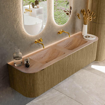 MONDIAZ KURVE-DLUX Meuble de salle de bains 170cm arrondi Gauche + Droite couleur Dusk avec 1 tiroir et 2 portes. Lavabo LEAF Double sans trou de robinet Saba.