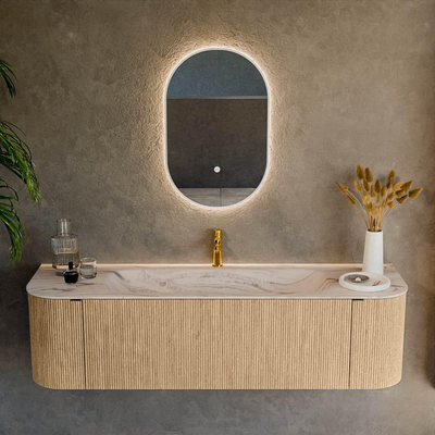 MONDIAZ KURVE-DLUX Meuble de salle de bains 160cm arrondi gauche + droite couleur Chêne avec 1 tiroir et 2 portes. Lavabo BIG MEDIUM Central 1 trou de robinet Nata.