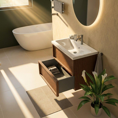 Saniclass Holz Frame Ensemble meuble de salle de bains - 80x45x63.5cm - Lavabo Bari en céramique blanc - 1 vasque - 1 trou de robinet - 2 tiroirs - noyer pure mat (bois)