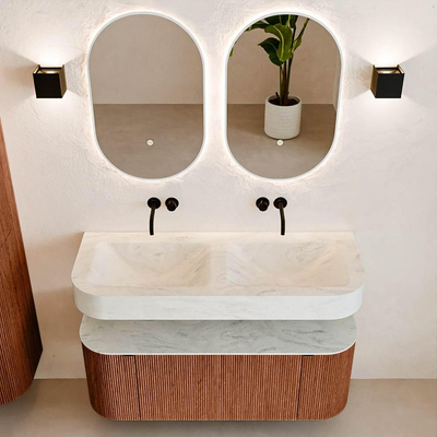 MONDIAZ THOR-DLUX 120cm badmeubel ronding links + rechts kleur Ruby met 1 lade en 2 deuren. Vrijhangende wastafel CLOUD Dubbel zonder kraangat kleur Opalo.
