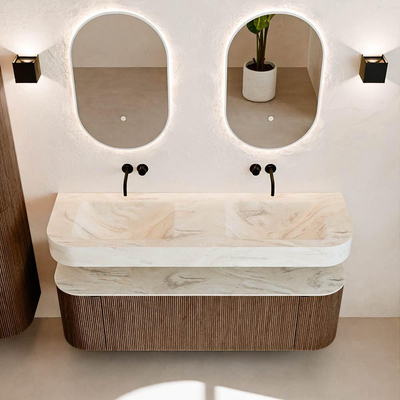 MONDIAZ THOR-DLUX 150cm badmeubel ronding links + rechts kleur Walnut met 1 lade en 2 deuren. Vrijhangende wastafel CLOUD Dubbel zonder kraangat kleur Ostra.