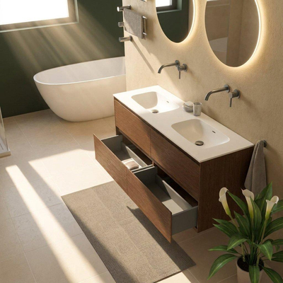 Saniclass Holz Pure Ensemble de meubles de salle de bains - 140x45x61.5cm - Flow lavabo en solid surface blanc - 2 vasques - sans trous de robinetterie - 4 tiroirs - noyer pure mat (bois)
