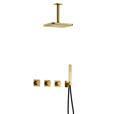 Hotbath Gal IBSGL70 Thermostatische doucheset inbouw - 2 stopkranen - 15cm plafondarm - 22cm vierkante hoofddouche - staafhanddouche - messing geborsteld PVD