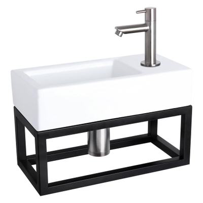 Differnz Ravo kit lave-mains - 38,5x18,5x25cm - Rectangulaire - 1 trou de robinet - Robinet chromé mat droit - avec cadre noir - Céramique blanche